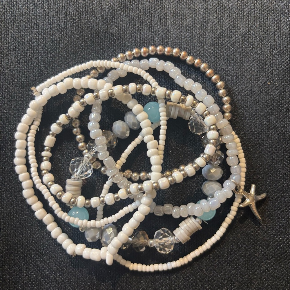 Stacked White and Silver Beaded Bracelet Set with Starfish charm